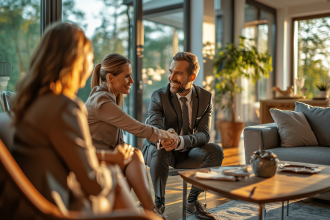 Agent immobilier en discussion avec des clients dans un bureau moderne
