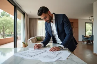 Homme consultant des plans d'appartement à vendre dans un appartement moderne de Guéliz à Marrakech