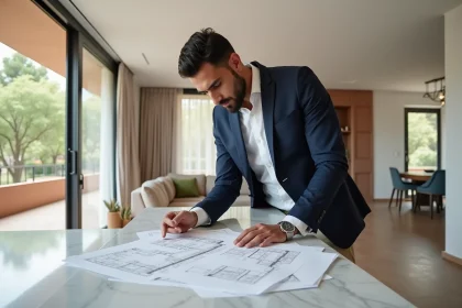Homme consultant des plans d'appartement à vendre dans un appartement moderne de Guéliz à Marrakech