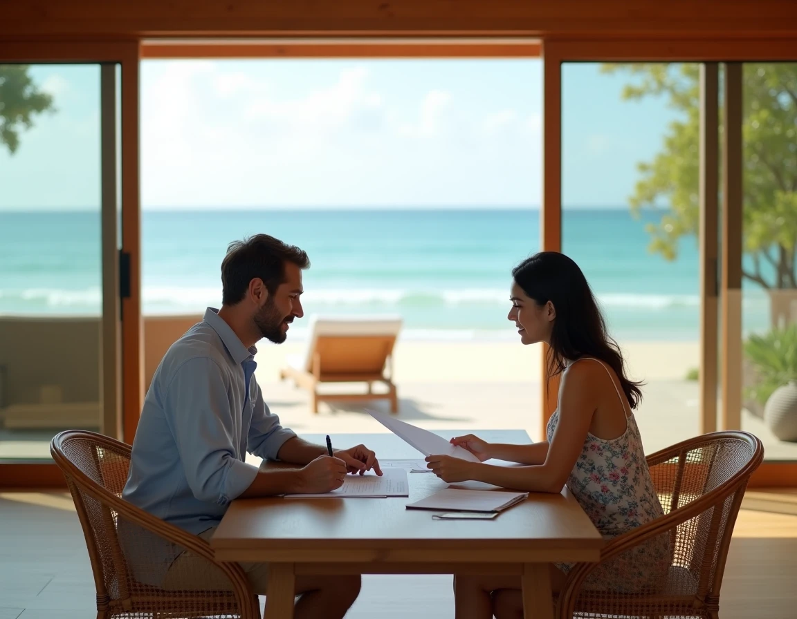Couple étranger et thaïlandais signant des documents légaux pour l'achat d'une maison en bord de mer en Thaïlande