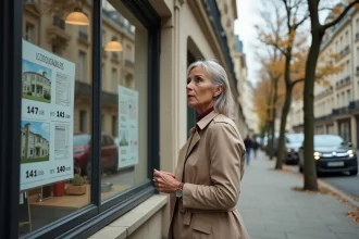 Femme consultant les annonces immobilières en vitrine d'une agence dans un quartier résidentiel du Havre