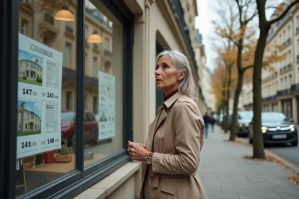 Femme consultant les annonces immobilières en vitrine d'une agence dans un quartier résidentiel du Havre