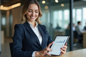 Agent immobilier BSK utilisant un outil digital de gestion sur tablette dans une agence moderne