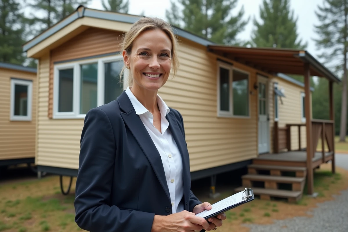 Agent immobilier devant un mobil home de plus de 20 ans lors d'une estimation sur un terrain de camping