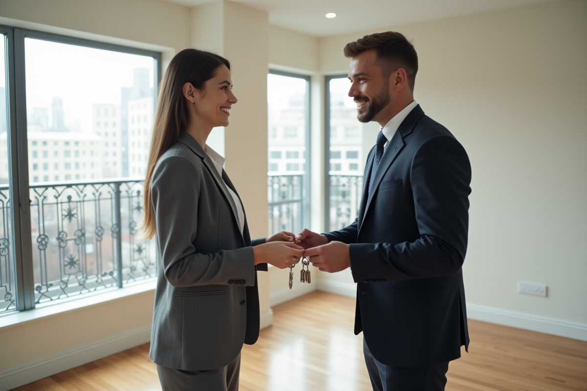 Agent immobilier remettant les clés à une cliente souriante