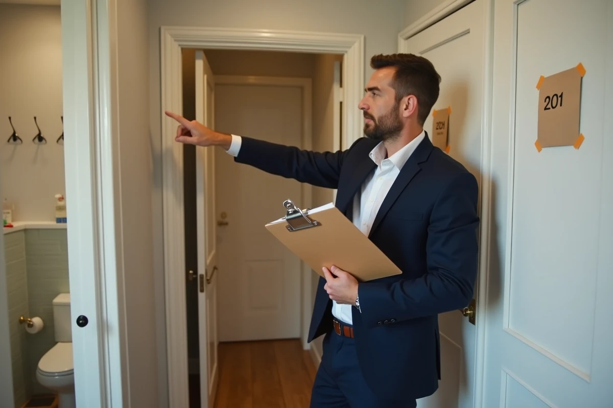 Agent immobilier dans le couloir d'un T3 indiquant les deux chambres identifiées avec des étiquettes numérotées