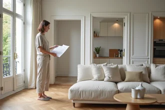 Femme consultant un plan d'appartement T3 dans un séjour moderne avec deux chambres visibles en arrière-plan