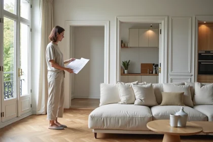 Femme consultant un plan d'appartement T3 dans un séjour moderne avec deux chambres visibles en arrière-plan