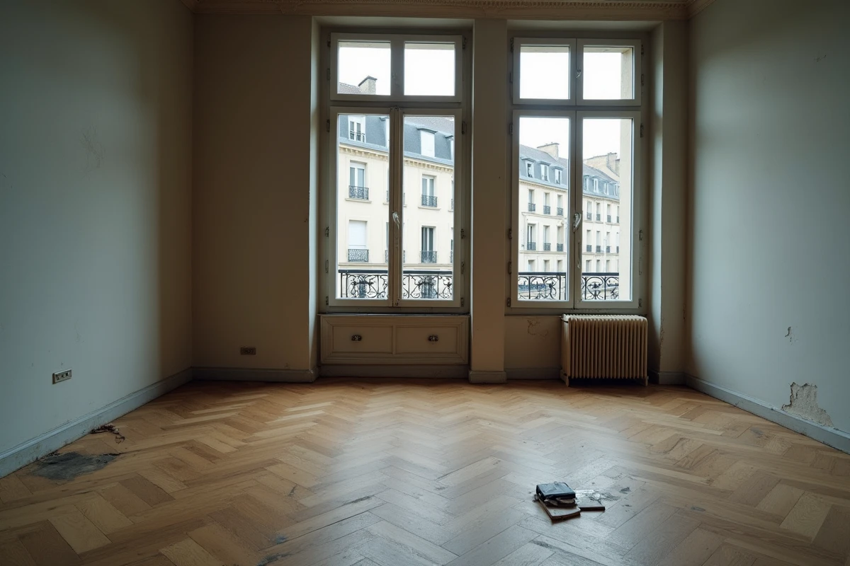 Appartement vacant et vide avec parquet ancien et fenêtres donnant sur un immeuble parisien, illustrant la problématique des logements inoccupés