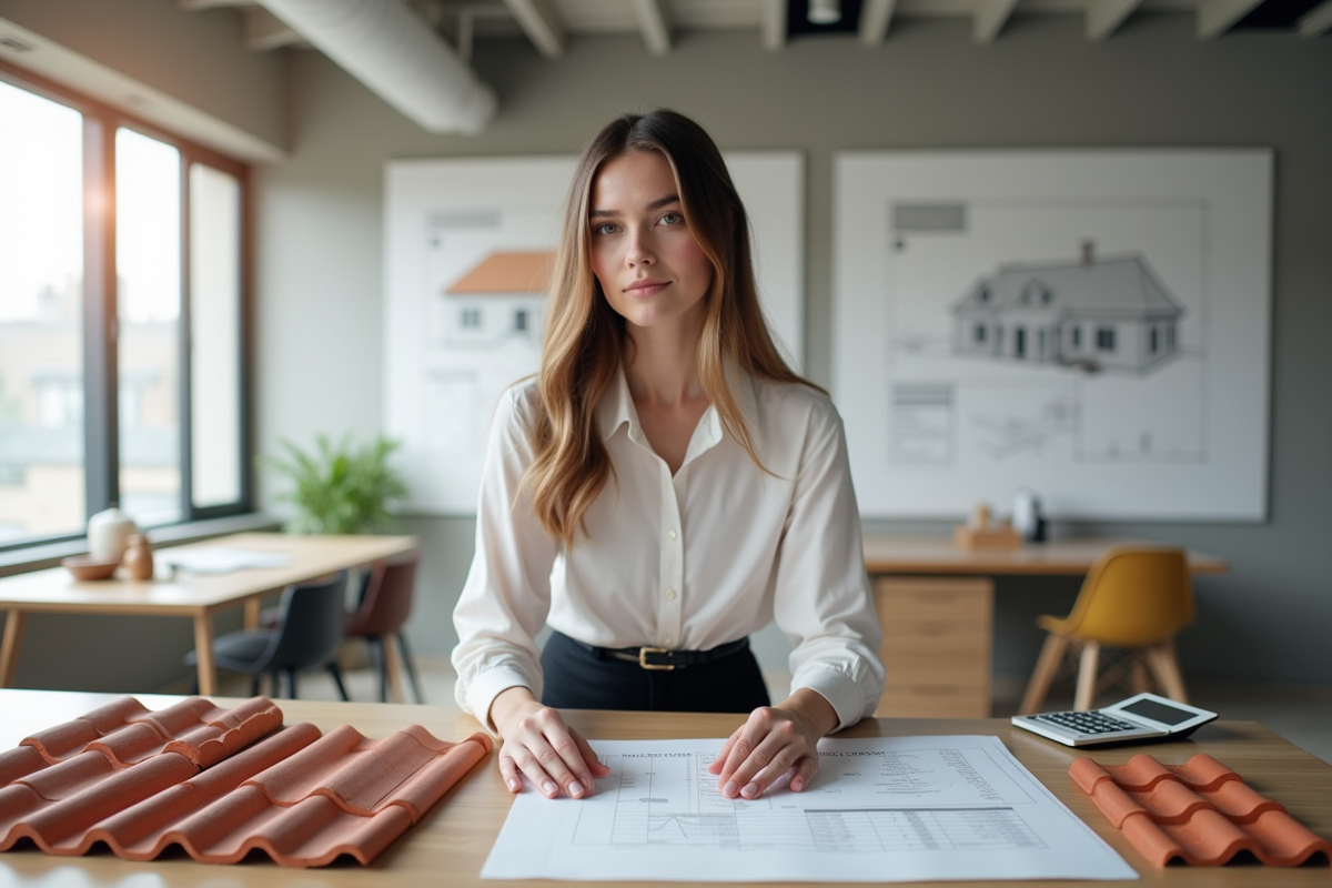 Jeune architecte examinant des échantillons de tuiles dans un bureau moderne