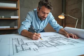 Architecte traçant l'emprise au sol d'un plan de maison sur une table à dessin avec des plans architecturaux détaillés