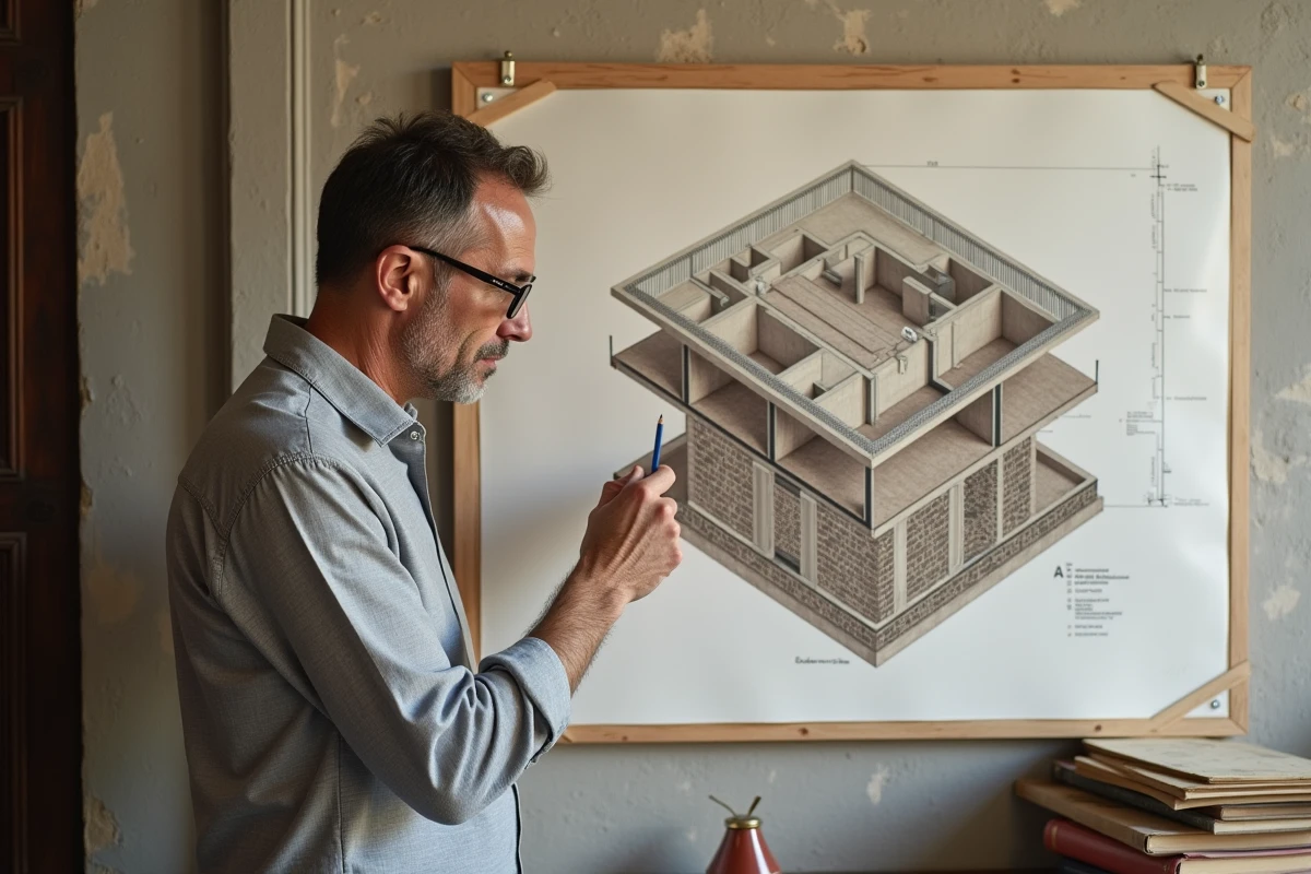 Architecte quinquagénaire examinant un schéma en coupe d'un immeuble haussmannien épinglé au mur dans un bureau parisien