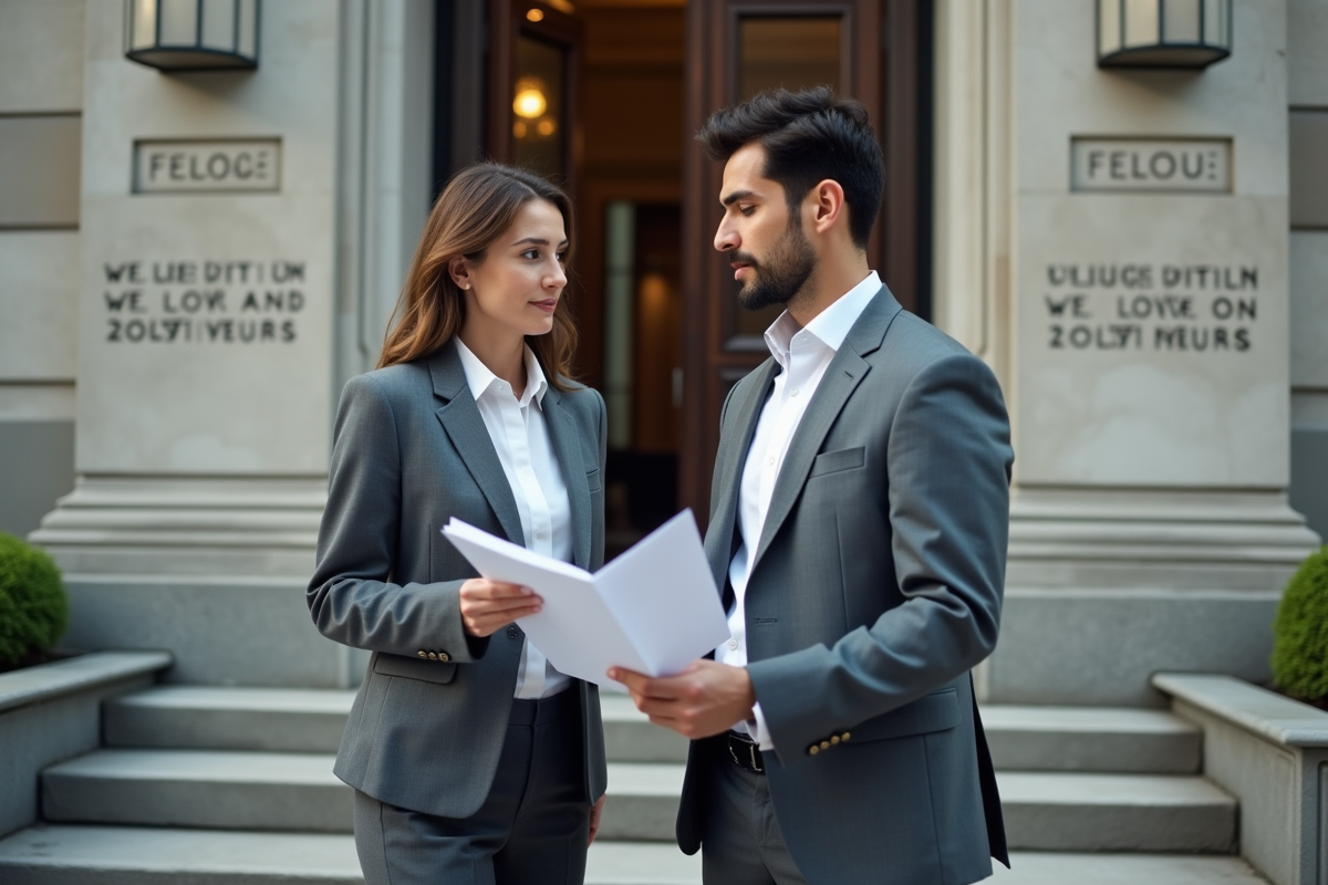 Avocate discutant avec un client devant un tribunal