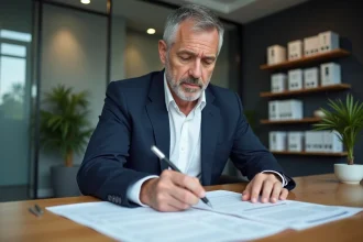 Professionnel de l'immobilier commercial examinant les diagnostics obligatoires d'un bail commercial sur une table de réunion
