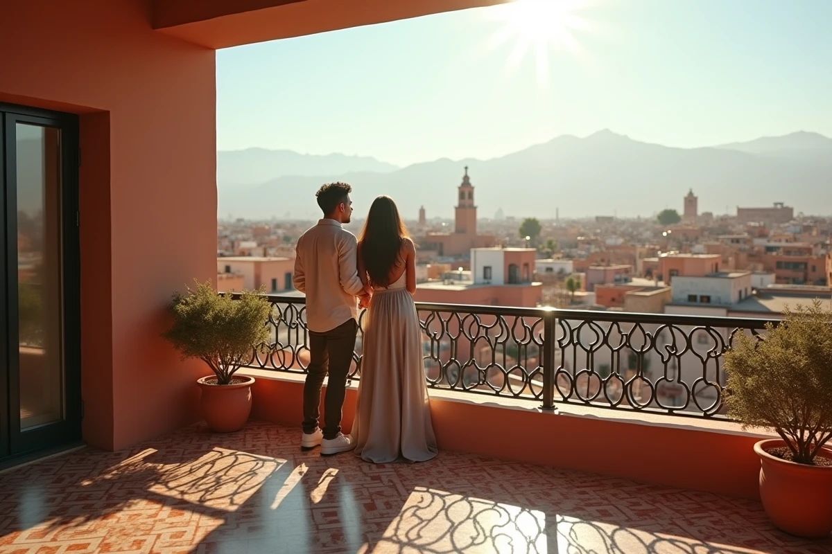 Couple visitant le balcon d'un appartement à vendre à Guéliz avec vue sur les toits de Marrakech
