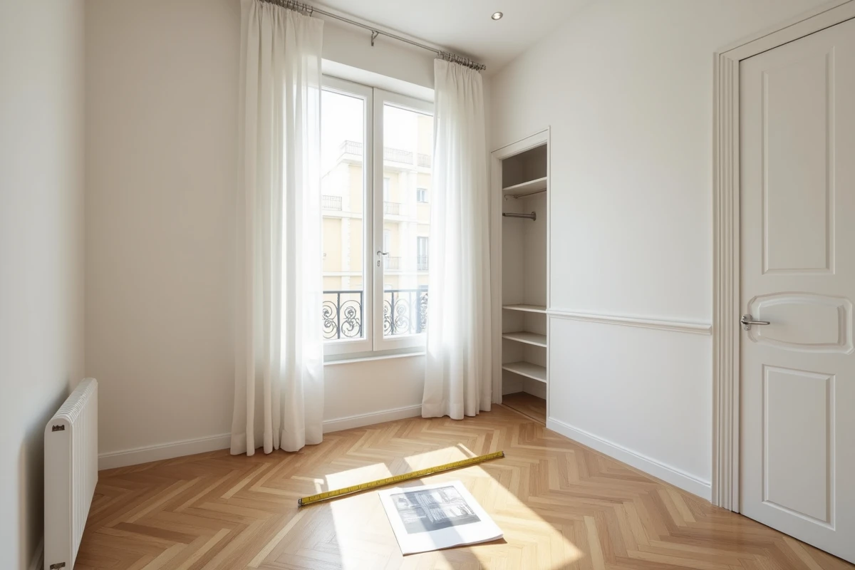 Chambre vide dans un T3 avec mètre ruban au sol et annonce immobilière posée sur le rebord de fenêtre