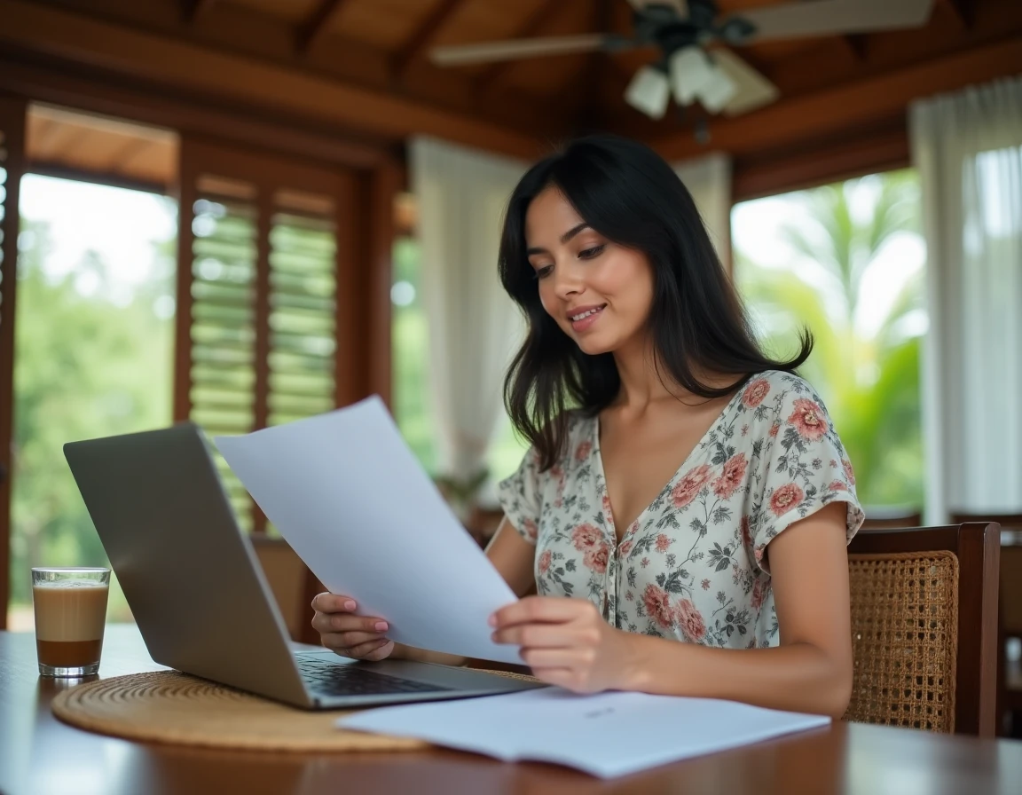 Femme consultant une check-list de réservation pour un séjour en villa familiale en Thaïlande sur son ordinateur portable