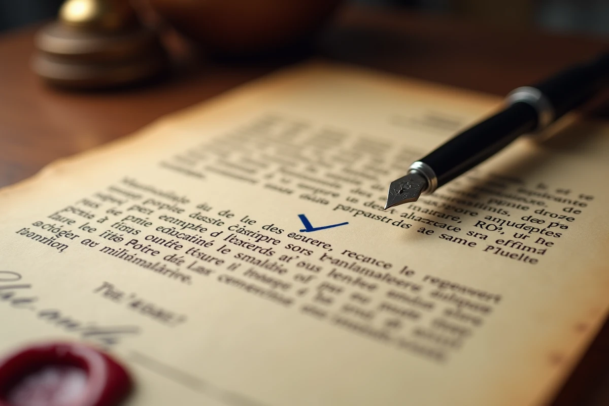 Gros plan sur une coche notariale et un stylo plume posés sur un acte juridique officiel avant signature