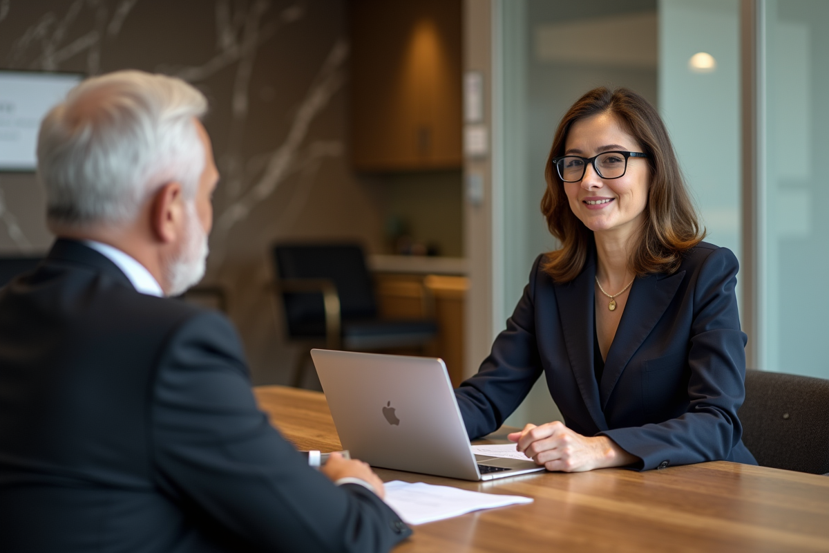 Conseillère bancaire professionnelle discutant avec un client âgé