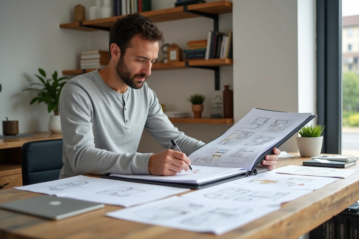 Conseiller en rénovation consultant un classeur de projet avec plans annotés et échantillons de matériaux sur un bureau en bois