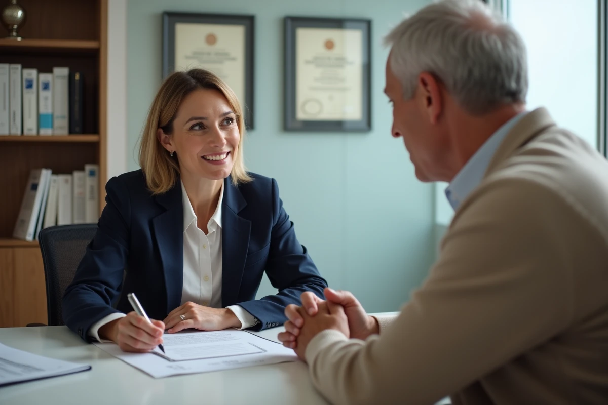 Conseillère immobilière expliquant les obligations fiscales liées aux logements vacants à un propriétaire dans une agence immobilière