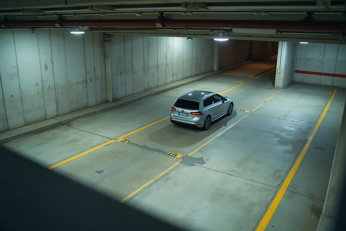 Vue en plongée d'un virage contraint dans un parking souterrain moderne avec voiture compacte et marquages au sol