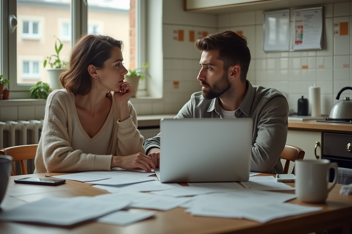 Jeune couple discutant à la cuisine avec papiers et ordinateur