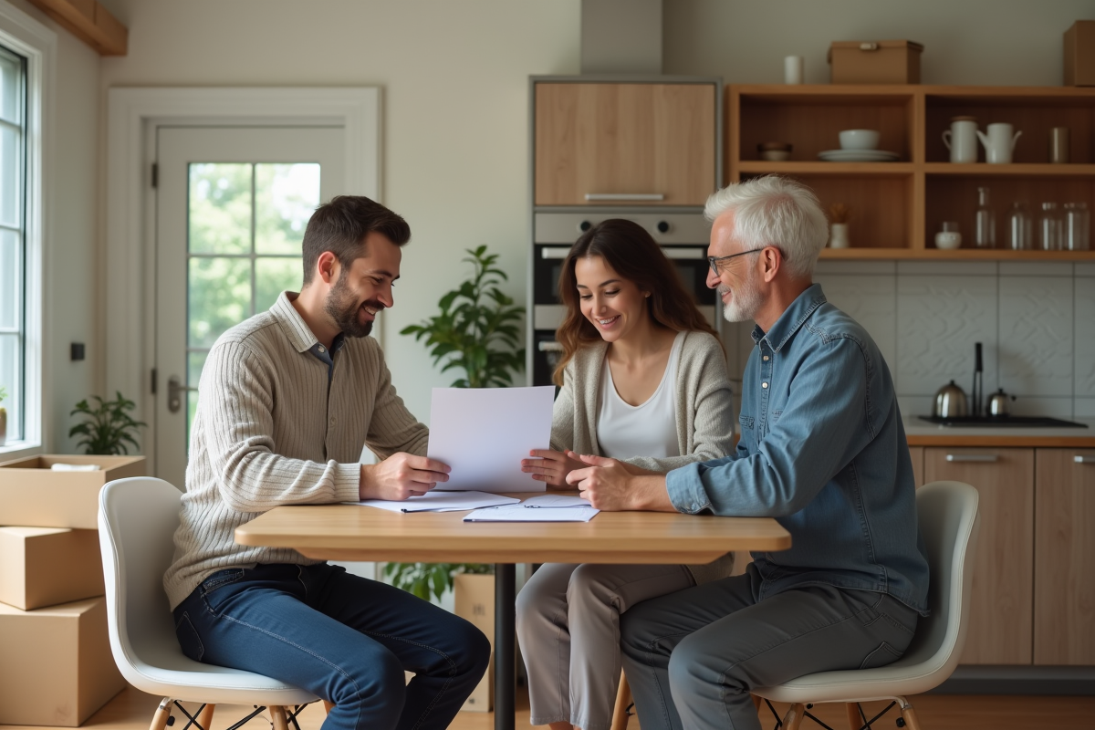 Jeune couple discutant avec un agent dans la cuisine