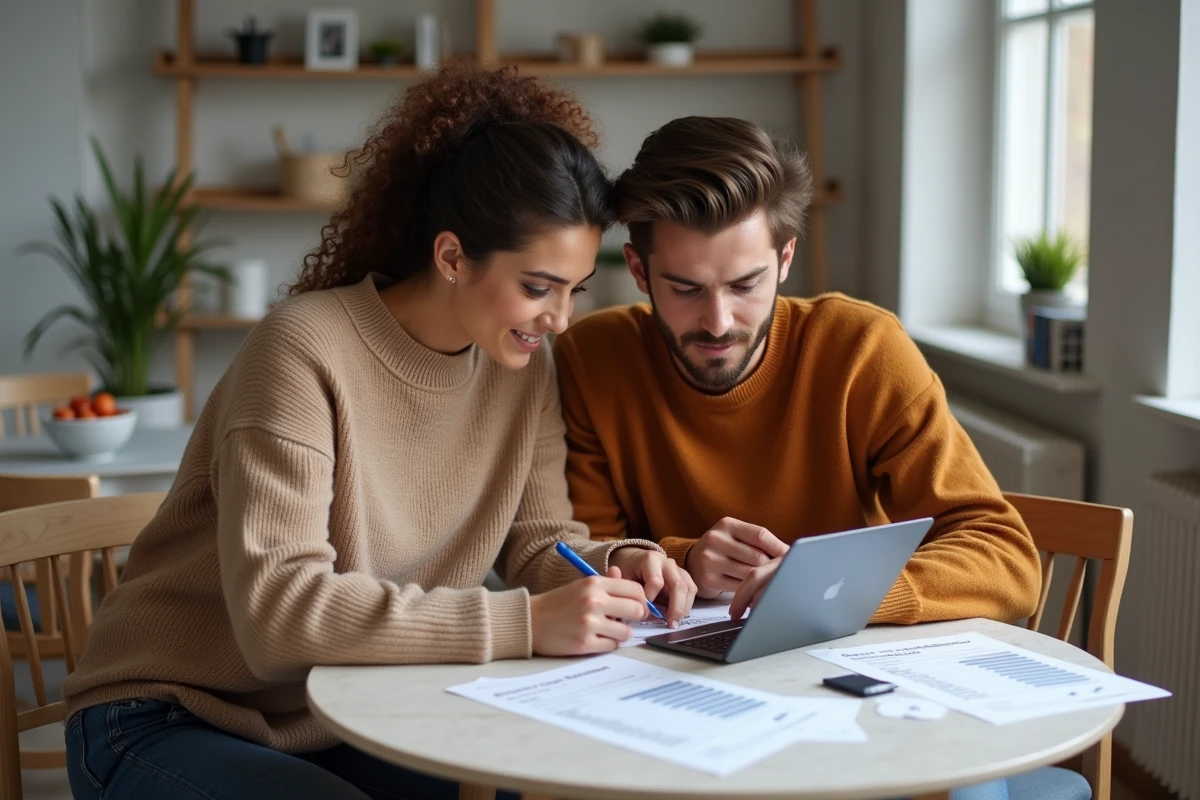 Couple étudiant les documents de l'encadrement des loyers en zone tendue dans leur appartement à Lyon