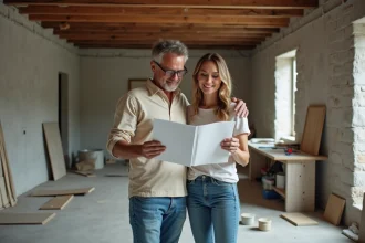 Couple étudiant un guide de rénovation globale dans une maison en cours de travaux aux murs bruts et plancher béton