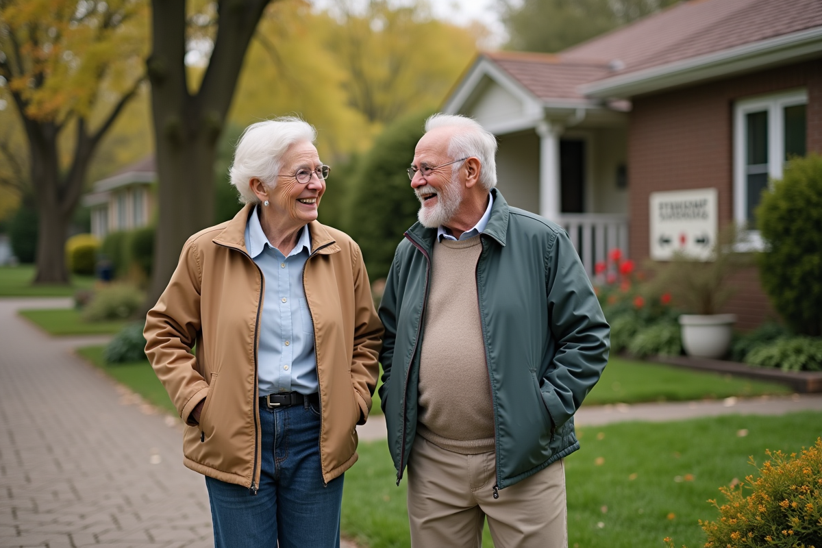 Couple âgé souriant devant une maison à vendre