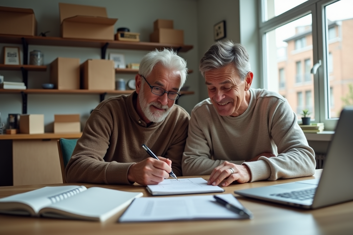 Couple préparant leur déménagement avec checklists et ordinateur