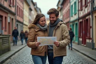 Couple étudiant une carte dans une rue pavée du quartier Petit Bayonne lors d'un premier achat immobilier