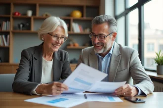 Couple souriant examinant des documents financiers à la maison