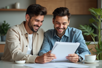 Jeune couple souriant en cuisine moderne