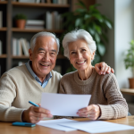 Couple senior souriant examinant un contrat de prêt immobilier