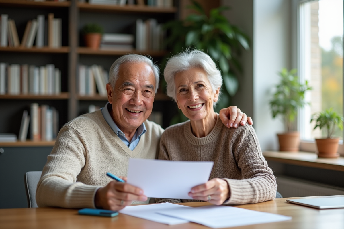 Couple senior souriant examinant un contrat de prêt immobilier