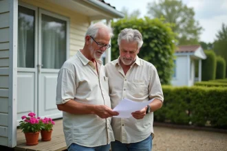Couple de propriétaires examinant des documents devant un mobil home ancien dans un camping résidentiel
