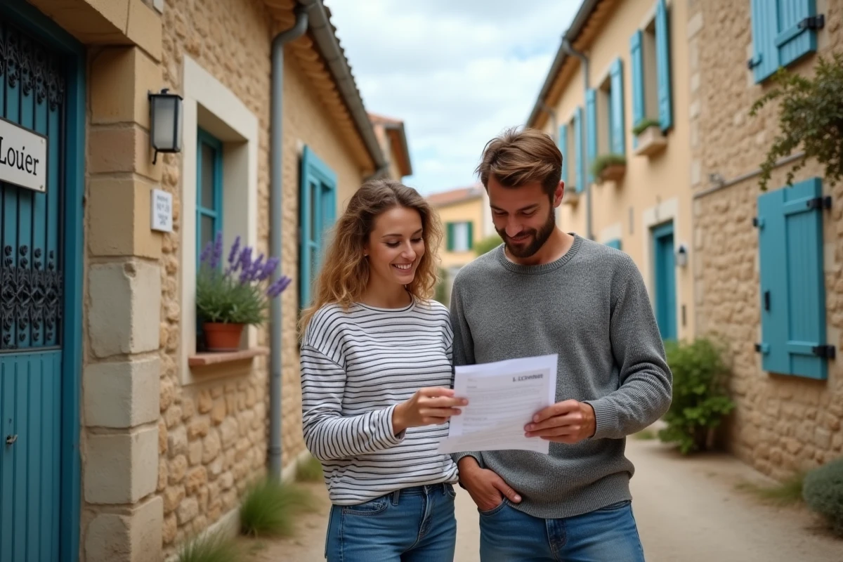 Couple visitant une maison à louer dans un village de l'Aude avec panneau location longue durée