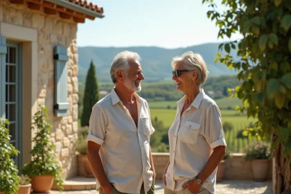 Couple souriant sur la terrasse d'une maison en Aude