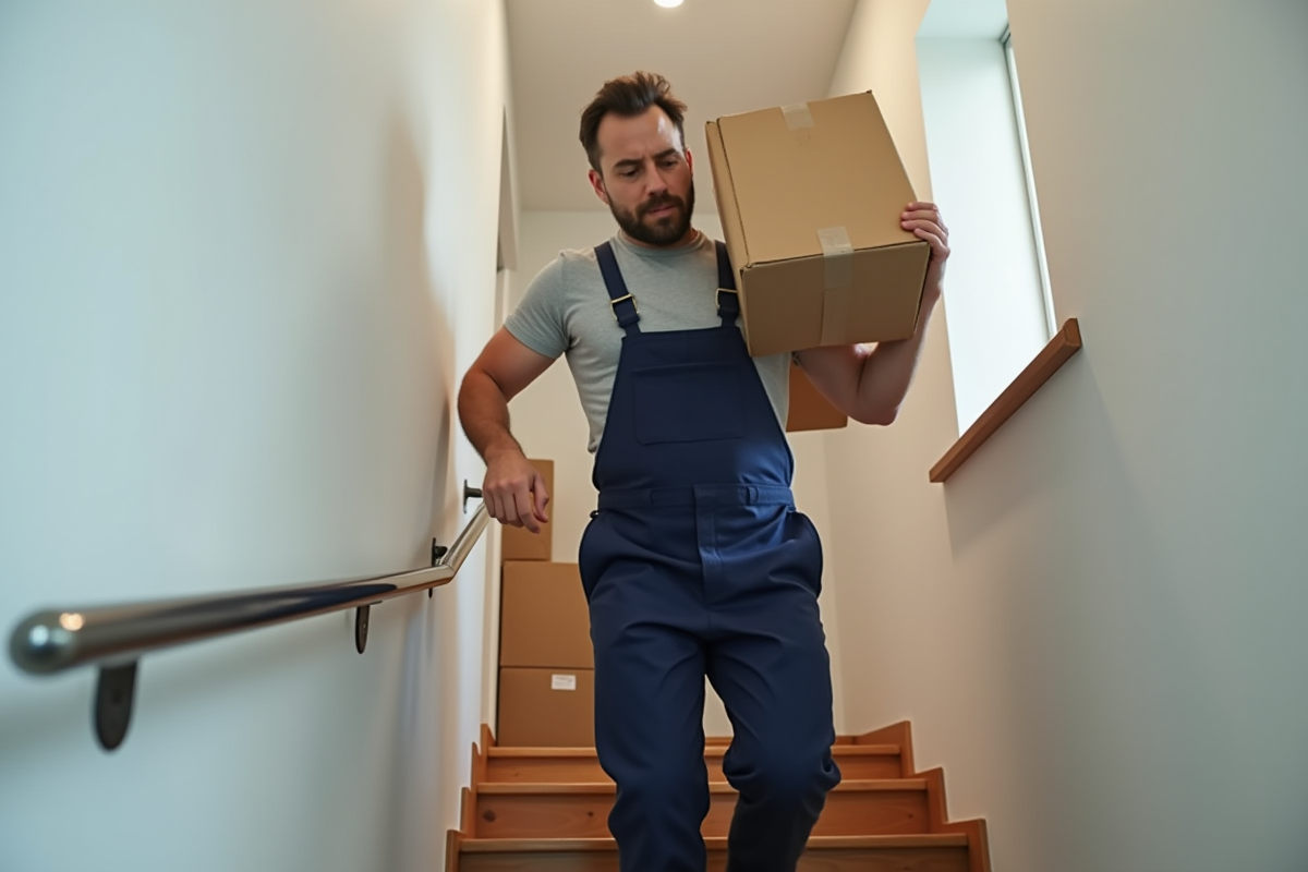 Déménageur en overalls portant une boîte solide dans un appartement moderne