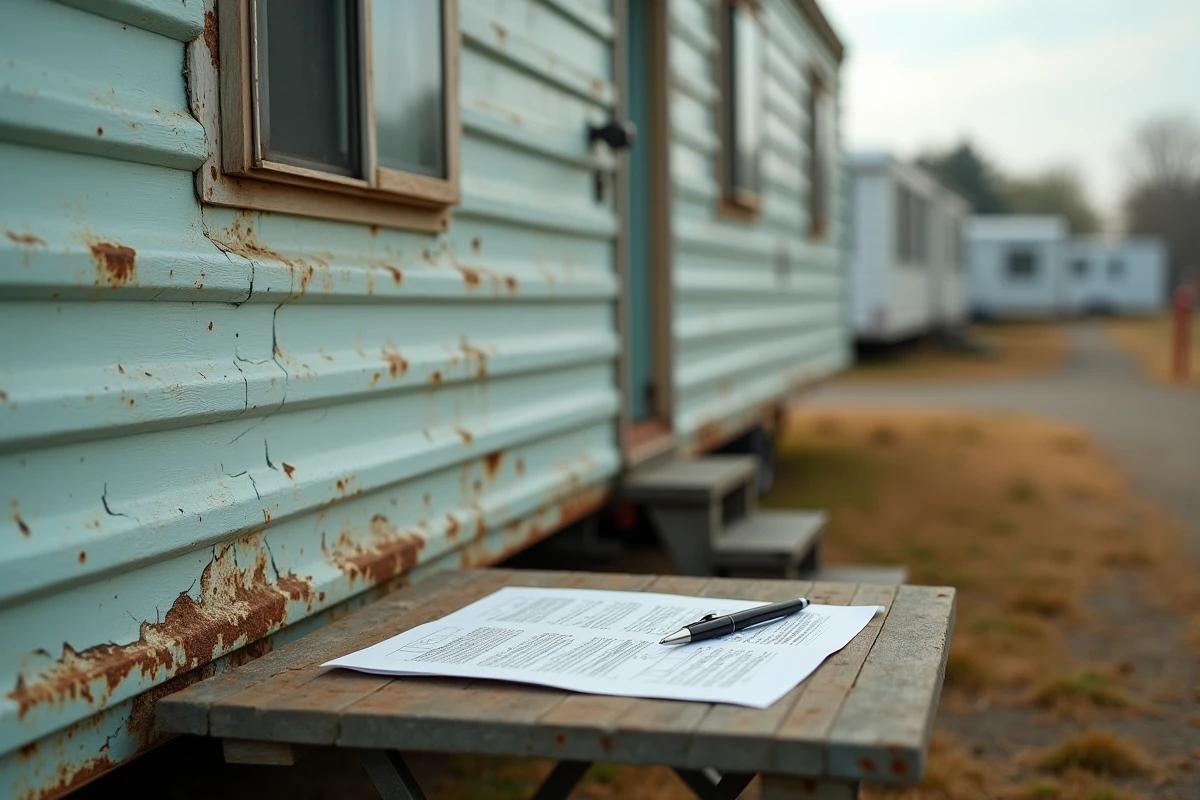 Détail de la façade vieillie d'un mobil home avec document administratif de vente posé sur une table extérieure