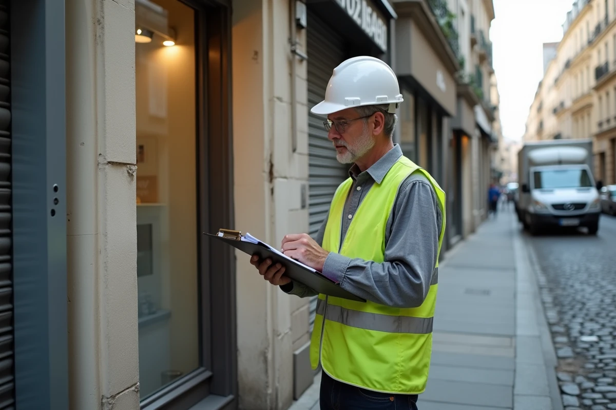 Diagnostiqueur immobilier inspectant la façade d'un local commercial lors d'un diagnostic obligatoire avant cession de bail