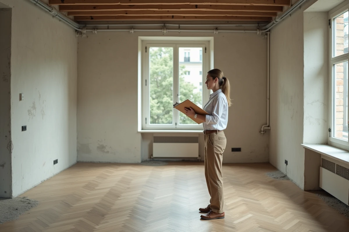 Diagnostiqueure immobilière réalisant un diagnostic DPE dans un appartement vide