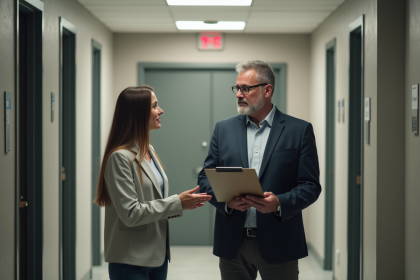Homme d'affaires discutant avec une jeune femme à l'entrée d'un appartement