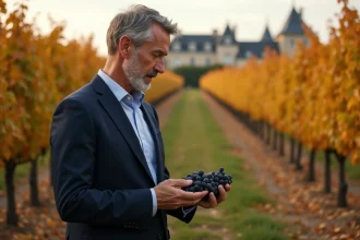 Propriétaire en costume inspecte les vignes d'un domaine viticole bordelais à vendre en automne