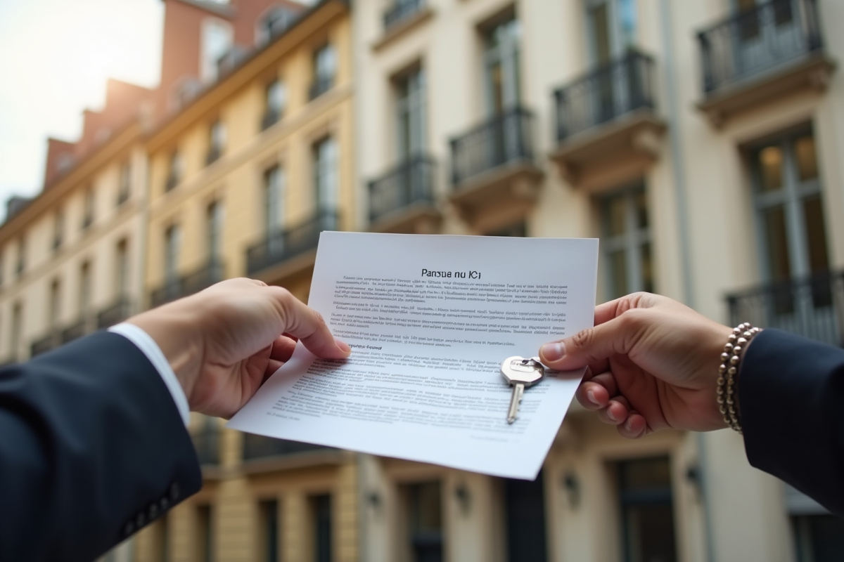 Mains échangeant des papiers signés et des clés devant un immeuble français