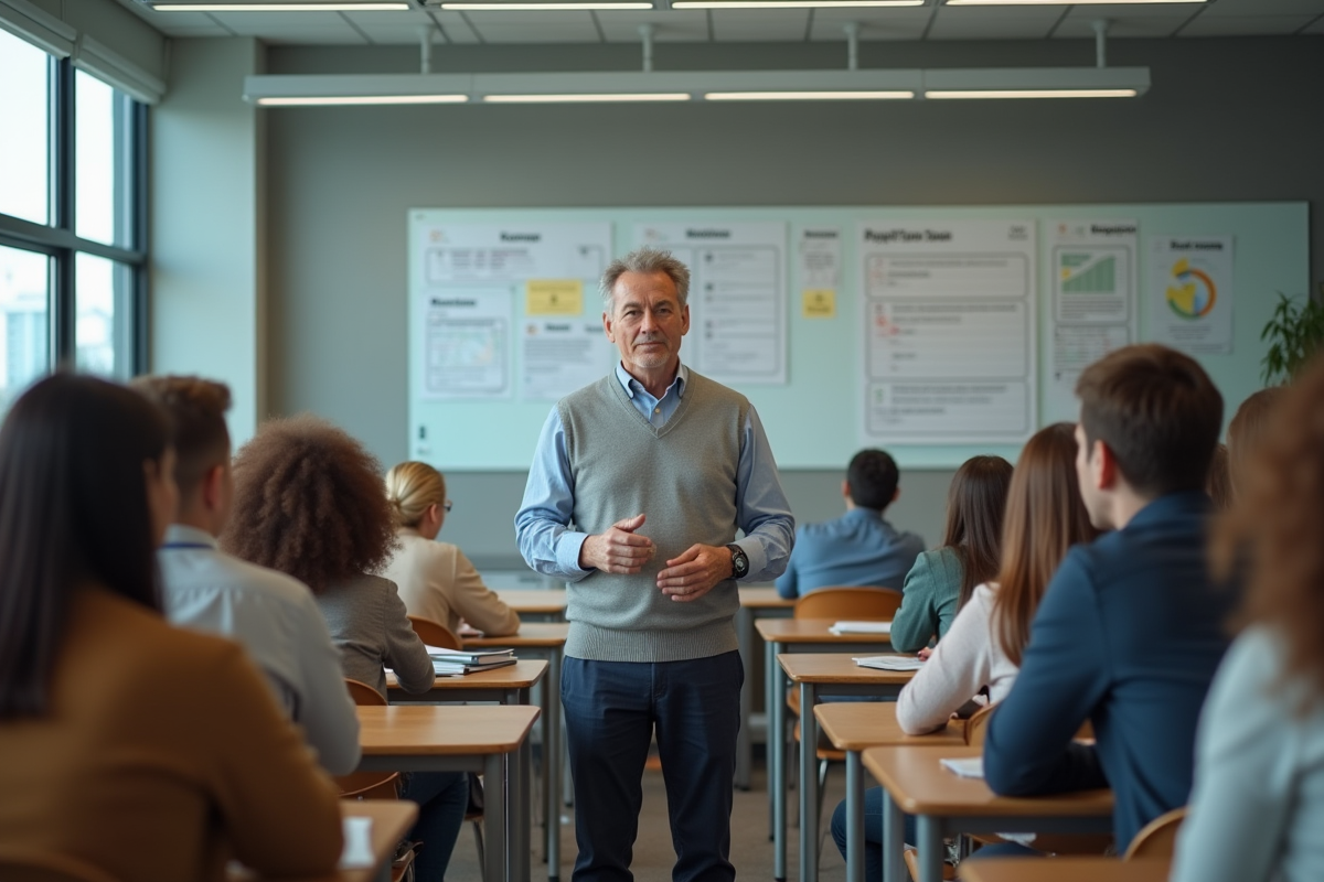 Professeur attentif avec étudiants dans une classe moderne