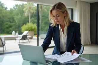 Agente immobilière de luxe analysant une estimation immobilière dans une villa contemporaine haut de gamme