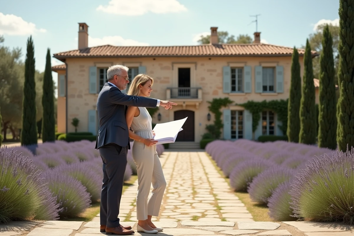 Couple évaluant la valeur marchande d'un mas provençal de prestige entouré de lavande